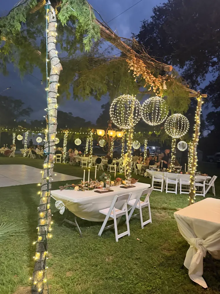 Banqueting table at night beneath a wrapped tree with hanging light spheres.