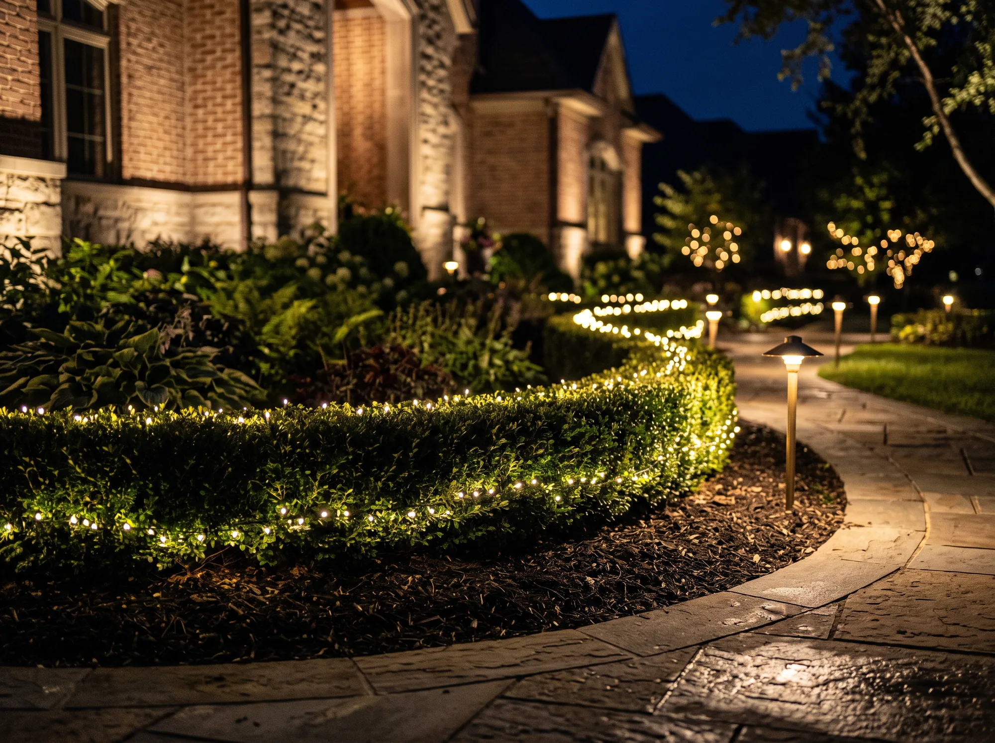 Manicured boxwood hedge and garden bed edged with warm-white lights beside a lit walkway at night.