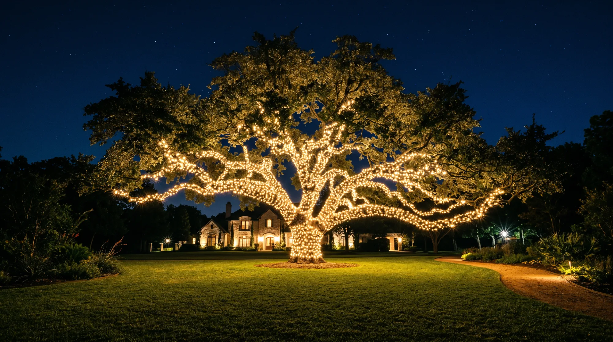 Enormous live oak at night with its trunk and major branches wrapped in warm-white light on a Texas estate lawn.